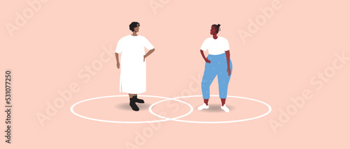 Line circle as healthy personal boundaries in LGBTQ couple, flat vector stock illustration, women plus size isolated