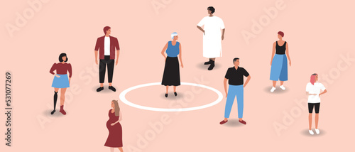 Old woman introvert and crowd of people as personal boundaries, flat vector stock illustration as concept of circle as personal space for mental health
