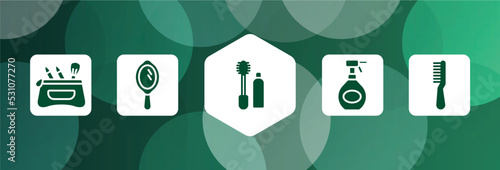 beauty and fashion filled icon set isolated on abstract background. glyph icons such as cosmetic case, hand mirror with shine, flanges mascara, hair spray bottle, hair comb vector. can be used for