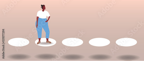overcoming pit across bridge by African woman, flat vector stock illusion, concept of social guarantees for migrants and refugees