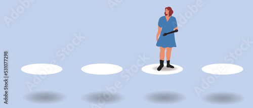 overcoming pits across bridge by inclusive woman with prosthesis, flat vector stock illustration, concept of economic crisis