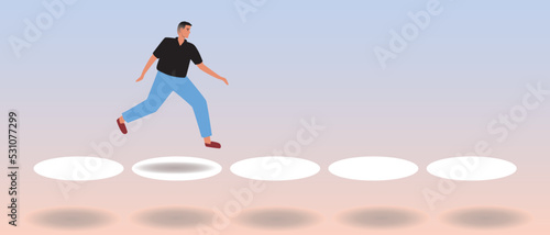 overcoming pits across bridge, flat vector stock illustration with bouncing flour, concept of economic crisis