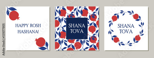 Jewish New Year card design set. Rosh Hashanah symbol pomegranate. Happy New Year. Vector illustration photo