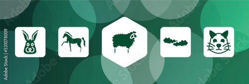 cute animals filled icon set isolated on abstract background. glyph icons such as rabbit head, horse with leg up, sheep with wool, cloudy sky, pet cat vector. can be used for web and mobile.