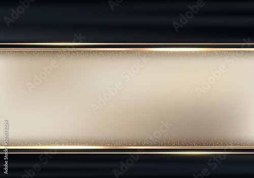 Abstract luxury template black satin fabric with gold lines frame and glitter on dark background