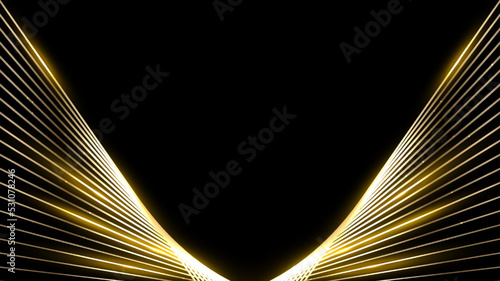 Abstract template golden wing lines pattern decoration with gold glitter and lighting effect isolated on black background luxury style