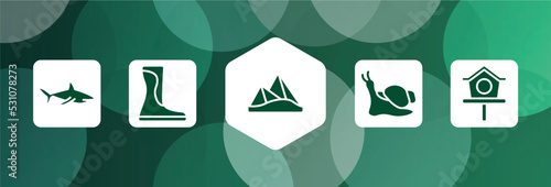 spring filled icon set isolated on abstract background. glyph icons such as sharks, wellington, pyramids, snails, bird house vector. can be used for web and mobile.