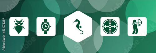 hunting filled icon set isolated on abstract background. glyph icons such as leaf insect, wristwatch, seahorse, crosshair, hunter vector. can be used for web and mobile.
