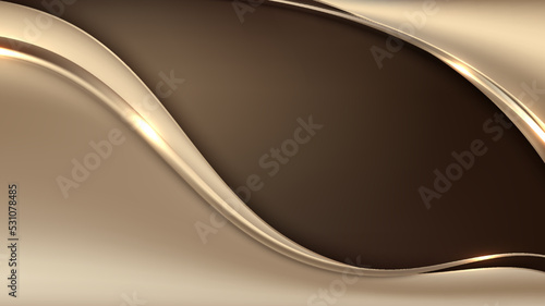 3D modern luxury banner web template design golden wave shapes and gold lines with light sparking on brown background