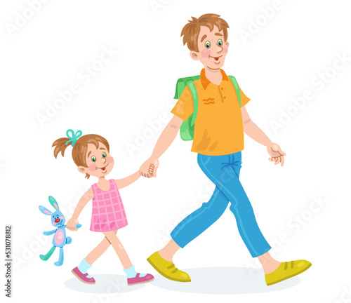 Young father walks with his little daughter by the hand. In her hand is a toy rabbit. In cartoon style. Isolated on white background. Vector illustration