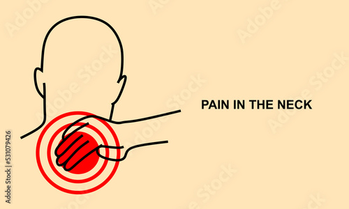 Pain in the neck Template banner. Minimal illustration of young man with red spot on his neck suffers from pain. Design template for medicine or therapy. vector illustration