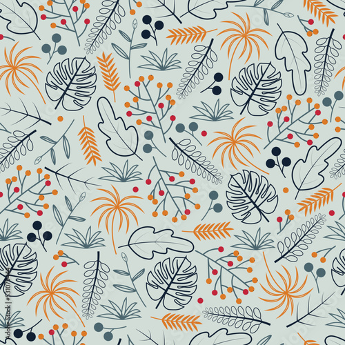 Stylish trendy seamless vector floral ditsy pattern design of branches of leaves. Foliage repeating texture background of monster and palm leaves