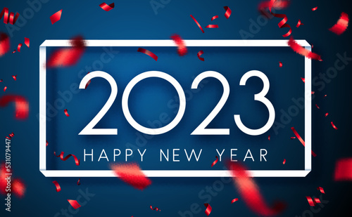 2023 happy new year sing with red foil ribbon confetti and serpentine.
