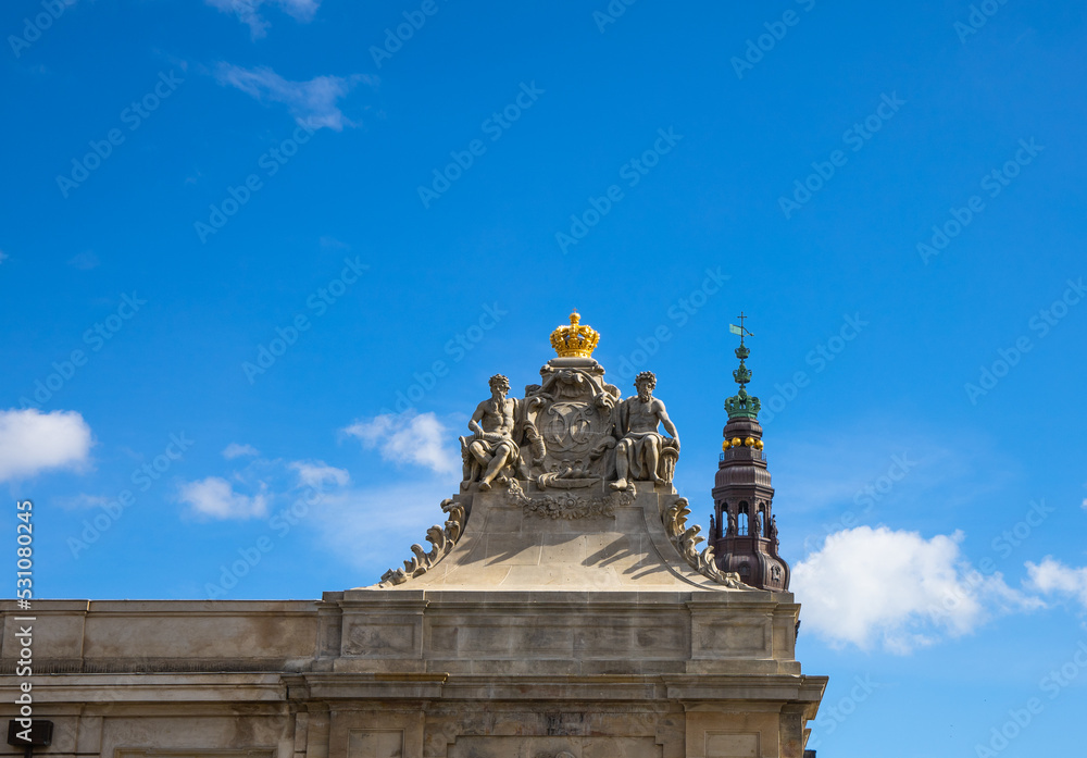 Architectural fragment of the Christiansborg Palace in Copenhagen. Danish crown. 