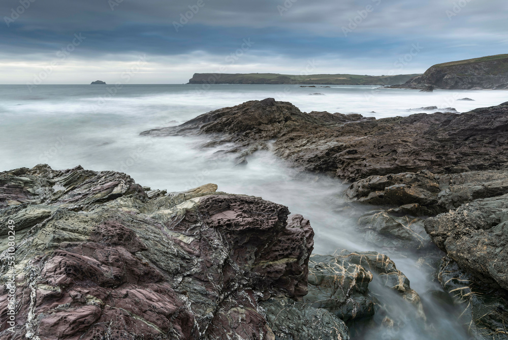 Rugged coastal geology near Polzeath in North Cornwall, England Rugged coastal geology near Polzeath in North Cornwall, England