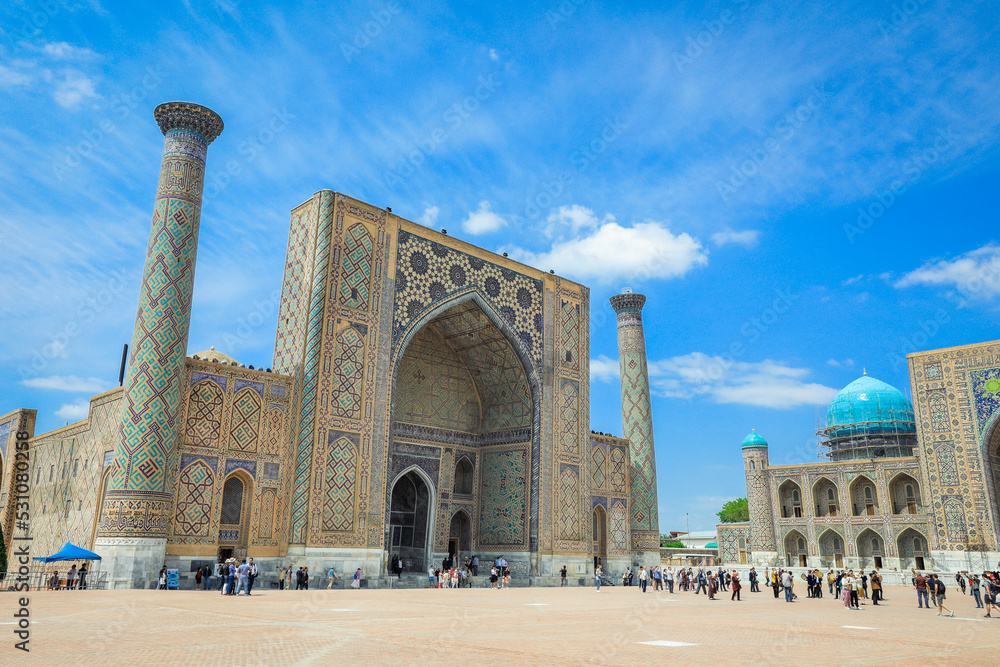 Panoramic View to the Registan square under the Sunlight in Samarkand, Uzbekistan