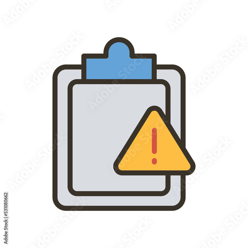 Clipboard with exclamation point Important document sign, caution file, urgent task. Assignment late Silhouette symbol. File, task, warning icon Vector illustration filled outline style EPS10