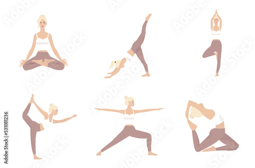 Female characters engaged in sports. People doing sports, yoga exercises, fitness, working out in different poses, stretching, healthy lifestyle, rest. Flat style. Vector illustration.