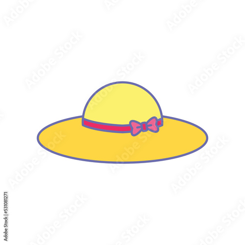 Yellow hat for sun protection headwear with ribbon. Woman summer hat, Girl sun cap for beach and summer vacation accessory icon. Vector illustration filled outline style. EPS10