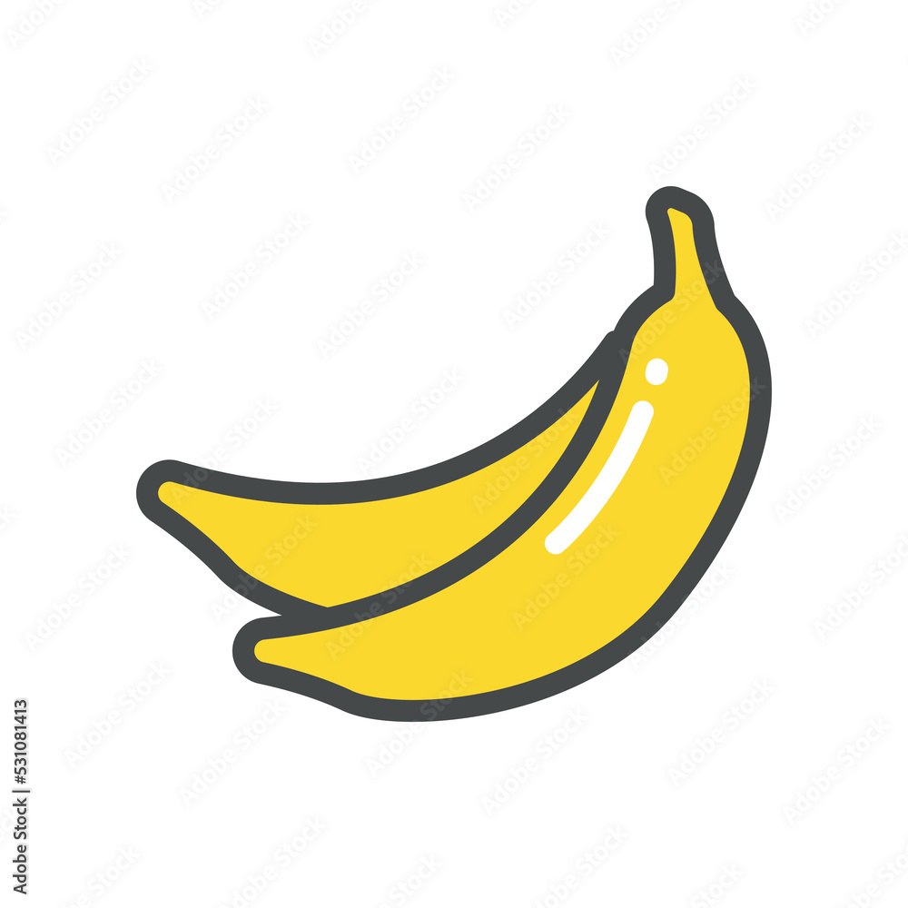 Yellow Fresh and ripe Banana fruit Silhouette in line modern style. Food organ for vegan or vegetarian, icon. Vector illustration filled outline style. EPS10