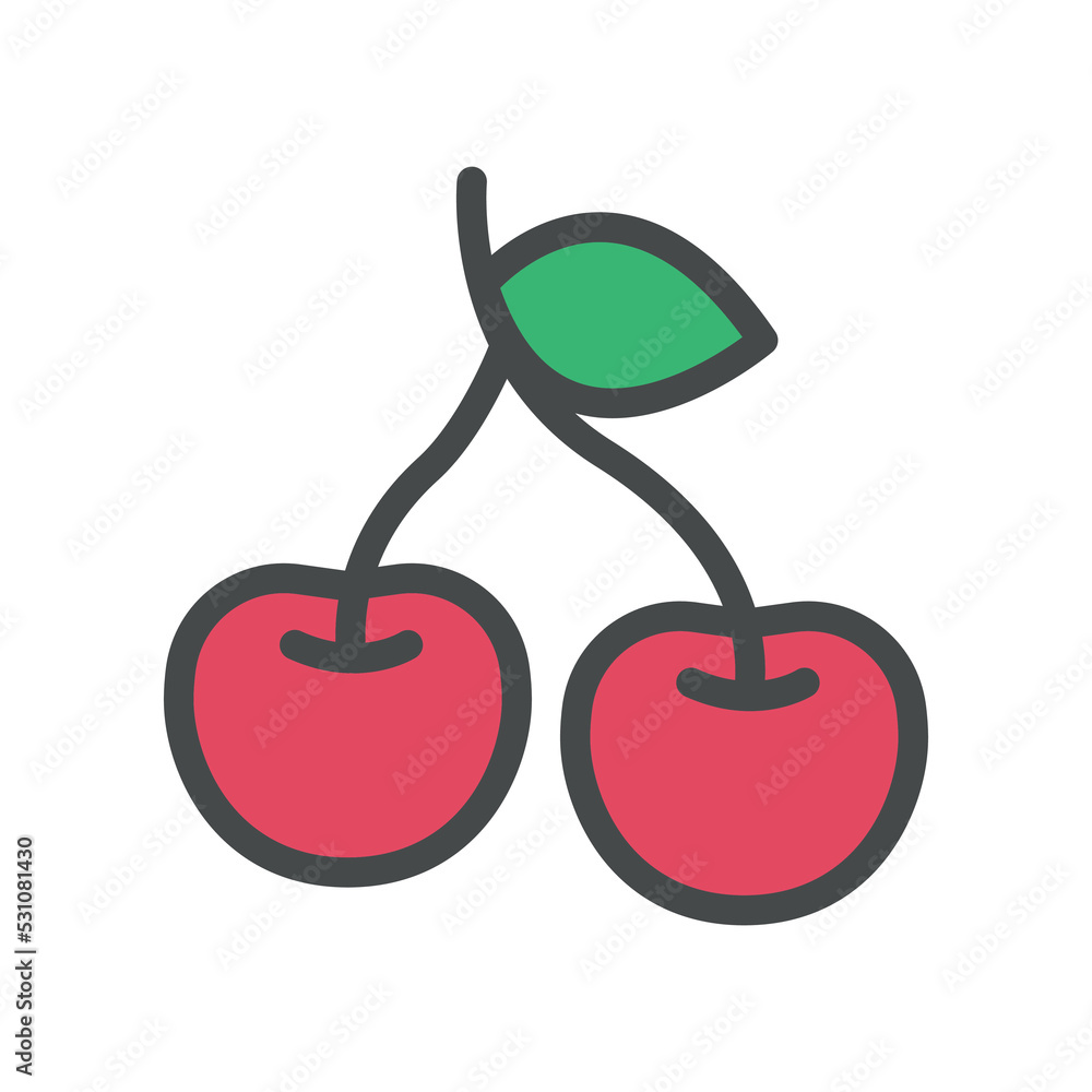 Two sweet Cherries fruit. Fresh and ripe Cherry twins with a leaf. Red berries food, organ, vegan, vegetarian icon. Vector illustration filled outline style. EPS10 Two sweet Cherries fruit. Fresh and ripe Cherry twins with a leaf. Red berries food, organ, vegan, vegetarian icon. Vector illustration filled outline style. EPS10