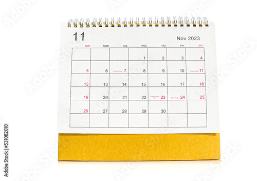 November desk calendar 2023 for planners and reminders on a white background. © sai