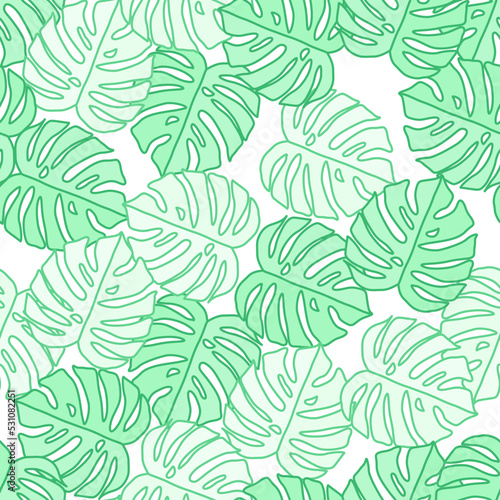 Outline monstera silhouettes seamless pattern. Palm leaves endless background. Botanical wallpaper.