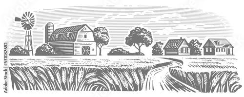 Rural field with wheat. Retro village and hill
