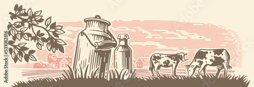 Village and landscape with can. Dairy farm cows