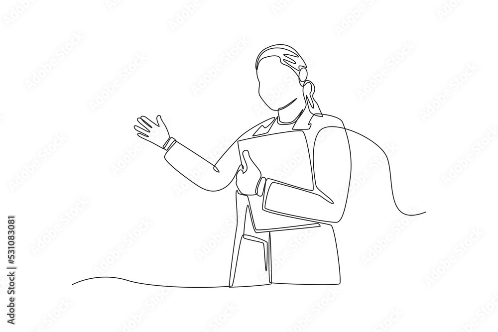 Obraz premium Continuous one line drawing female boss presenting with hand gesture. Boss move concept. Single line draw design vector graphic illustration.