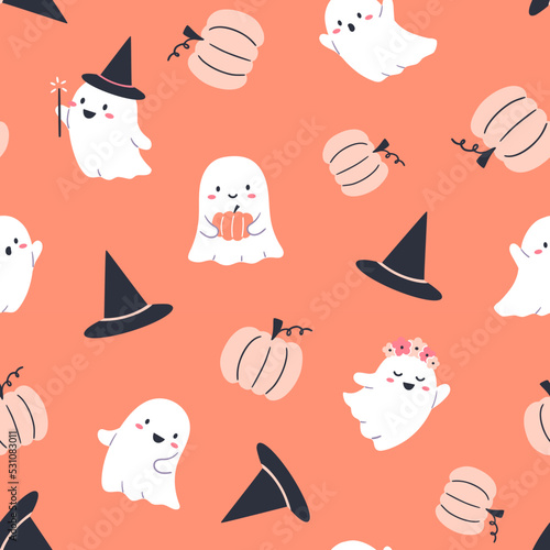 Halloween seamless pattern with cute ghost characters. Vector design