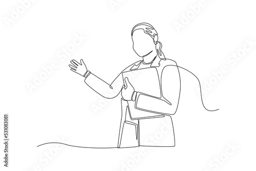 Continuous one line drawing female boss presenting with hand gesture. Boss move concept. Single line draw design vector graphic illustration.