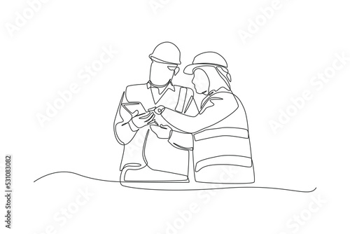 Continuous one line drawing female boss wearing safety suit with her staff give direction on the construction site. Boss move concept. Single line draw design vector graphic illustration.