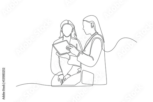 Continuous one line drawing female doctor explanation to patient about drug prescription sign. Boss move concept. Single line draw design vector graphic illustration.