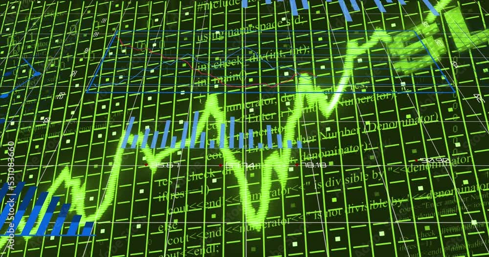 Animation of green slumpflation text, graph and grid with blue charts and data processing Animation of green slumpflation text, graph and grid with blue charts and data processing