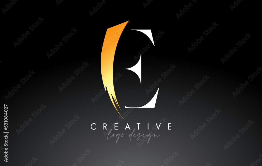 Golden Brush Letter E Logo Design with Creative Artistic Paint Brush Stroke and Modern Look Vector. E letter icon design with serif font and Golden brush stroke. Golden Brush Letter E Logo Design with Creative Artistic Paint Brush Stroke and Modern Look Vector. E letter icon design with serif font and Golden brush stroke.