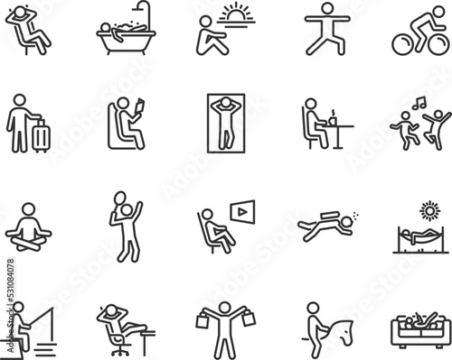 Vector set of relax line icons. Contains icons chill, rest, vacation, hammock, meditation, reading, shopping, diving, fishing and more. Pixel perfect.