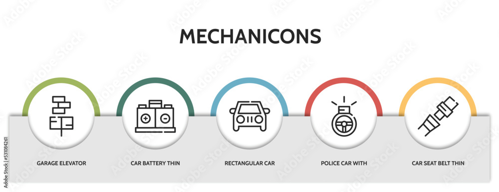 set of 5 thin line mechanicons icons with infographic template. outline ...
