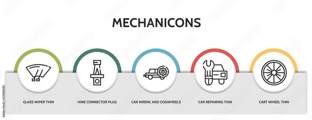 set of 5 thin line mechanicons icons with infographic template. outline ...