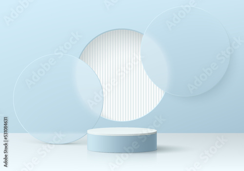 Realistic blue and white 3D cylinder pedestal podium with overlap layers round circle background. Abstract minimal scene for mockup products, stage showcase, promotion display. Vector geometric forms.