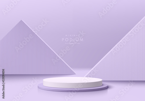 Realistic lavender purple and white 3D cylinder pedestal podium with geometric triangle shape background. Abstract minimal scene mockup products display. Round stage showcase. Vector geometric forms.