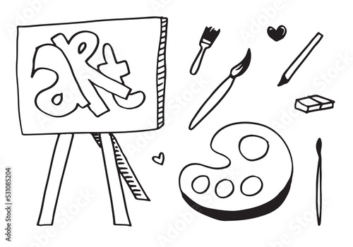 Collection of art tools paint brushes, easel and more.Fine art equipment.vector illustration. 