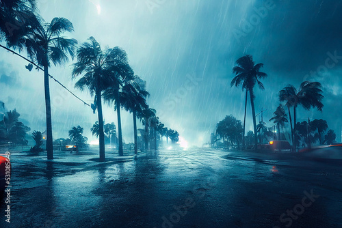 Fotografia Hurricane also called tornado or typhoon with lightnings and twister in the storm on a city street with palms
