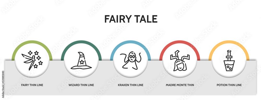 set of 5 thin line fairy tale icons with infographic template. outline ...