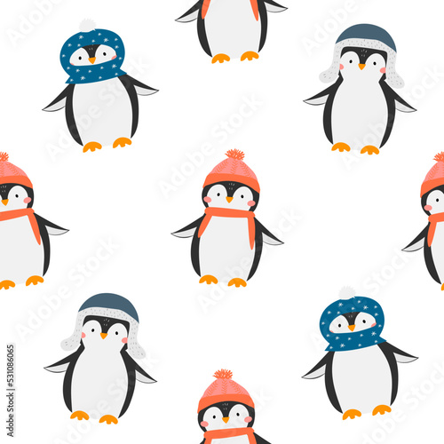 Seamless vector pattern with cute penguins. Penguins in different cool hats. Pink cheeks. Antarctic animal in winter clothes. Vector illustration isolated on white background. Flat style.