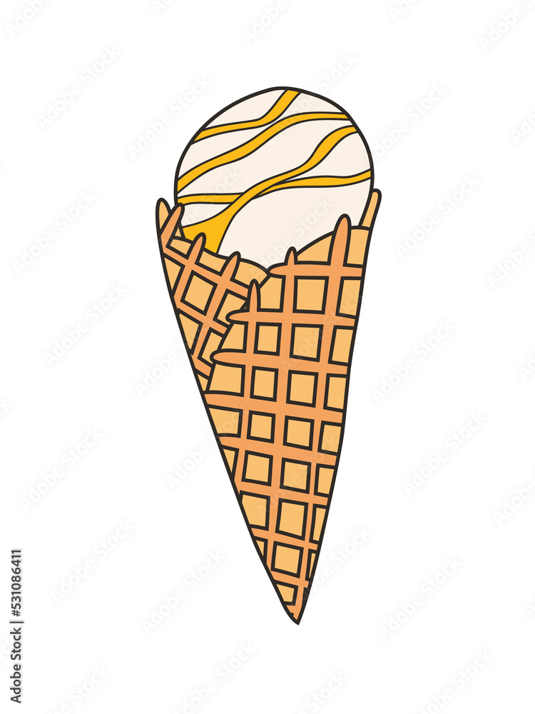Ice cream in a waffle cone - vector illustration in cartoon style. Objects isolated on white background. Vector isolated icon. Ice cream in a waffle cone - vector illustration in cartoon style. Objects isolated on white background. Vector isolated icon.