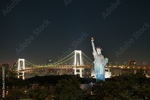 Canvas Print Night view of the Tokyo Bay area,  the Rainbow Bridge　and the Statue of Liberty,