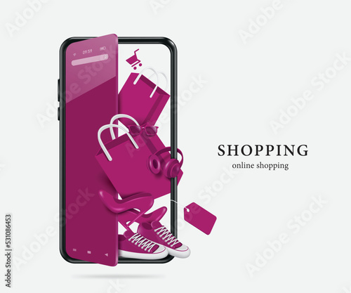Shopping bag,headphones, sneakers,glasses ,high heels stacked place on front the smartphone screen that was ajar like opening door and all are purple,vector 3d for  online shopping advertising design
