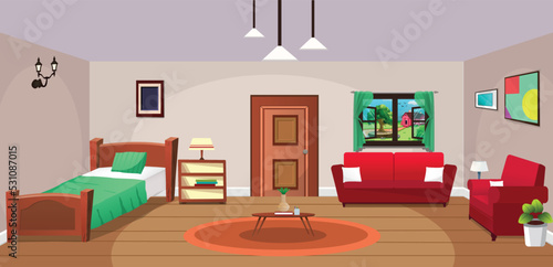 Room inside interior, Bedroom, Cartoon living room, kids bedroom with furniture. Teenage room with bed, Kid or child room.