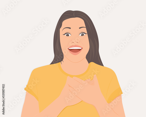 A beautiful woman grinning broadly puts her hand on her chest to express joy or excitement. Vector illustration.